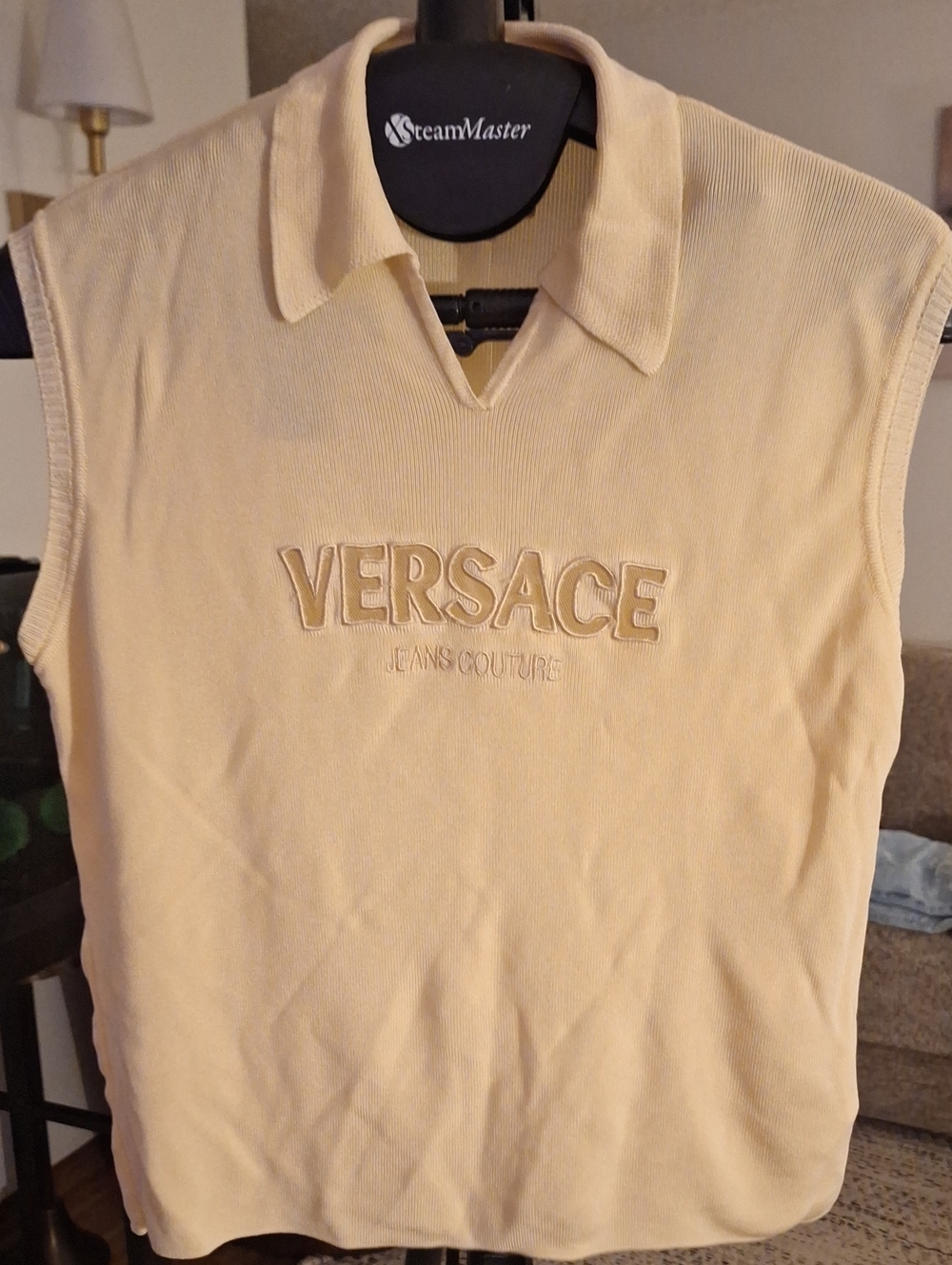 Versace Jeans Collection Sleeveless V-Neck Polo Sweater in Pale Yellow